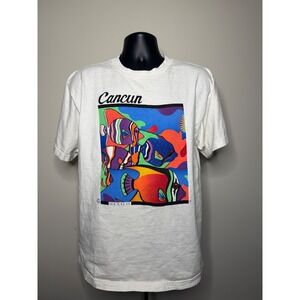 Vintage Cancun Mexico Fish Art Graphic T-Shirt Men Large White Short Sleeve